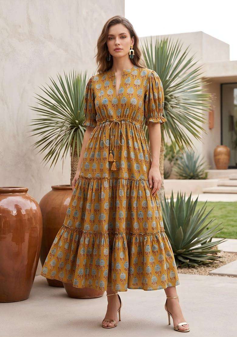 Mustard Printed Cotton Dress - Indya