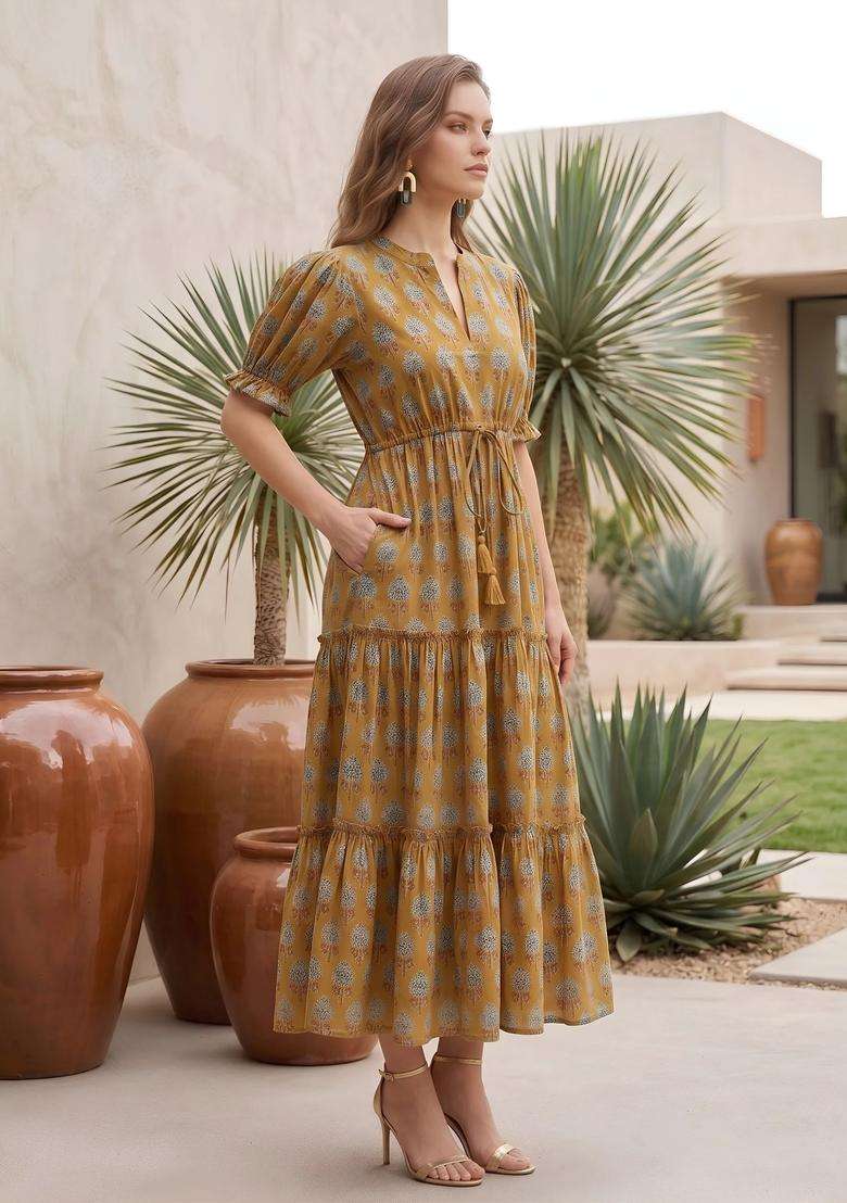 Mustard Printed Cotton Dress - Indya