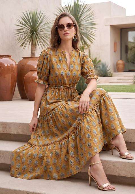 Mustard Printed Cotton Dress
