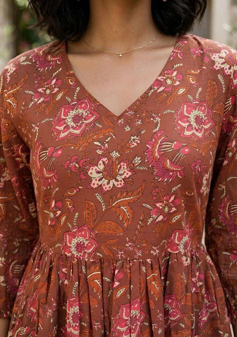 Rust Floral Print Cotton Dress - Indya