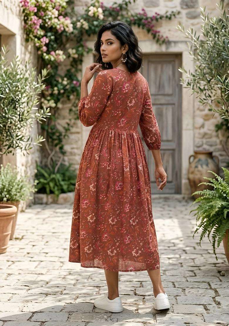 Rust Floral Print Cotton Dress - Indya