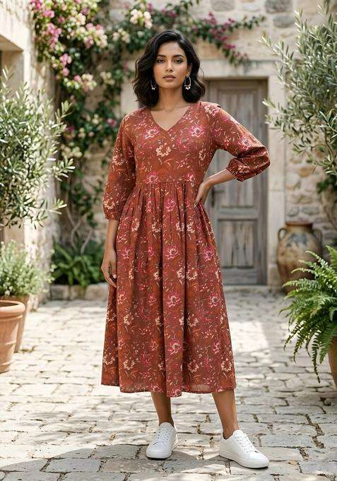 Rust Floral Print Cotton Dress