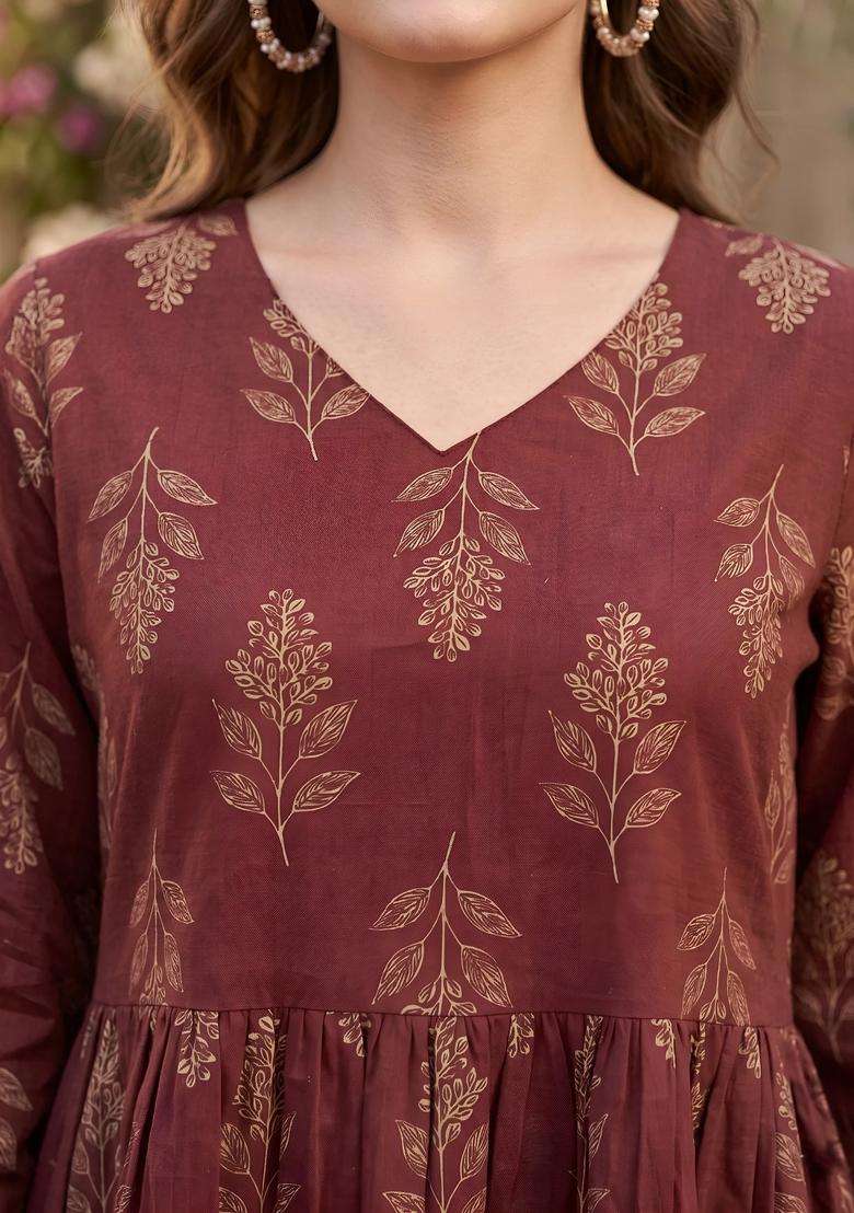 Maroon Printed Cotton Dress - Indya
