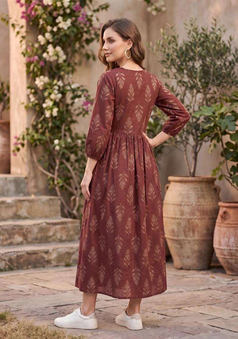 Maroon Printed Cotton Dress - Indya