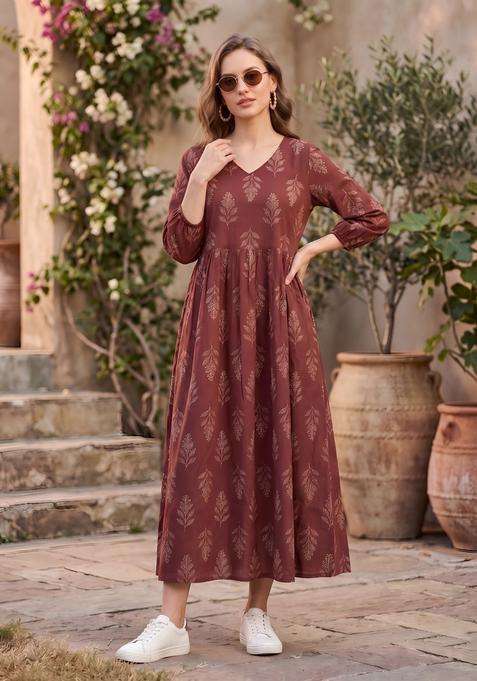 Maroon Printed Cotton Dress