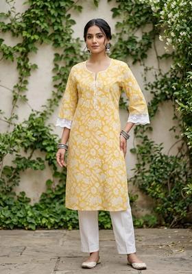Yellow Printed Cotton Kurta