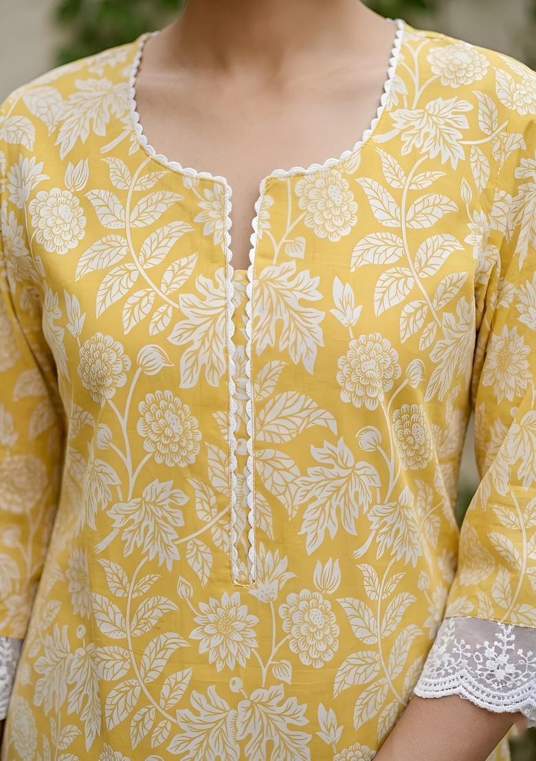 Yellow Printed Cotton Kurta - Indya