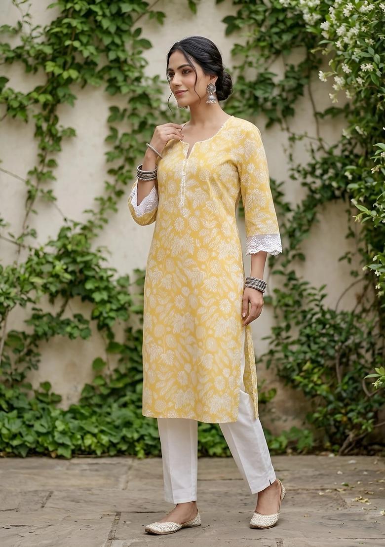 Yellow Printed Cotton Kurta - Indya