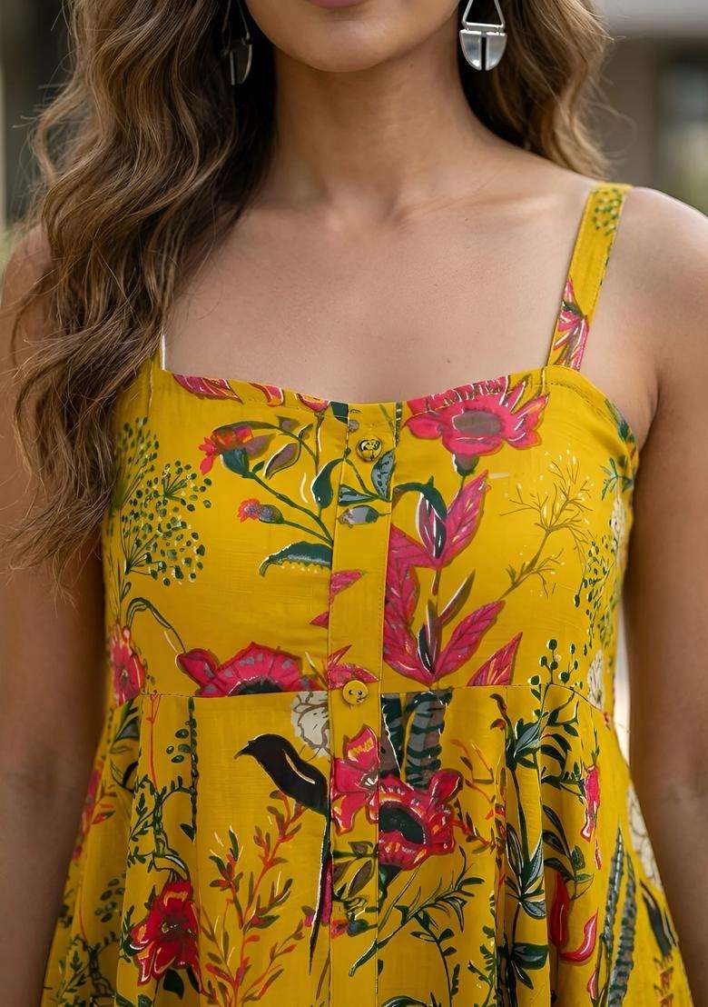 Yellow Floral Print Cotton Dress - Indya