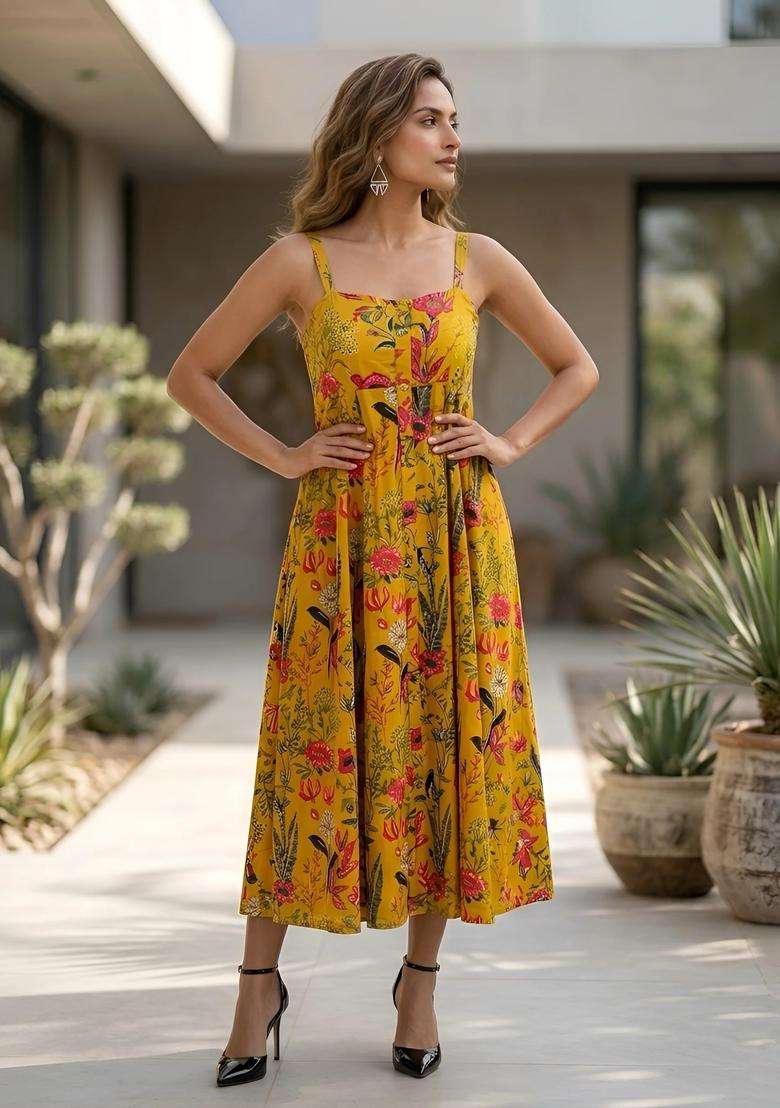 Yellow Floral Print Cotton Dress - Indya