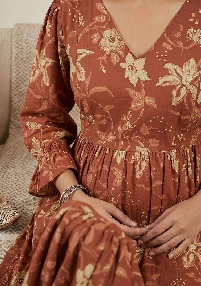 Rust Printed Cotton Dress - Indya