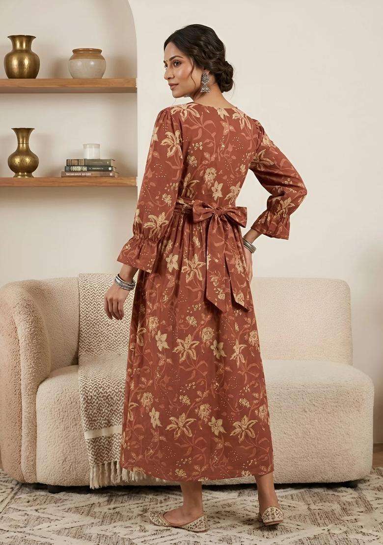 Rust Printed Cotton Dress - Indya