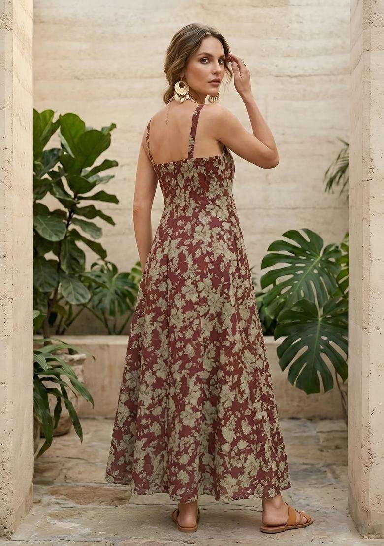 Maroon Floral Print Cotton Dress - Indya