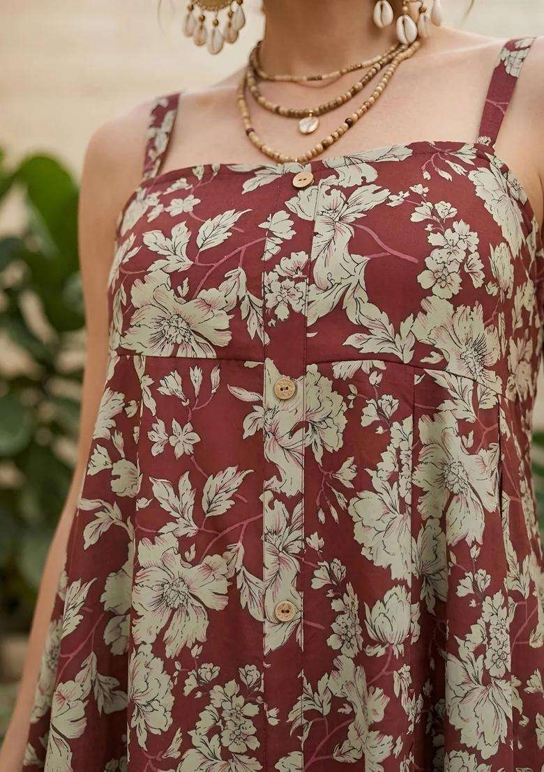 Maroon Floral Print Cotton Dress - Indya
