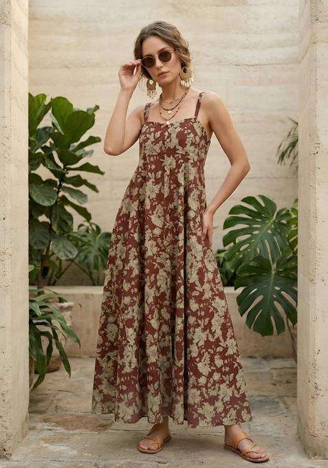 Maroon Floral Print Cotton Dress