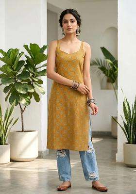 Mustard Printed Cotton Kurta