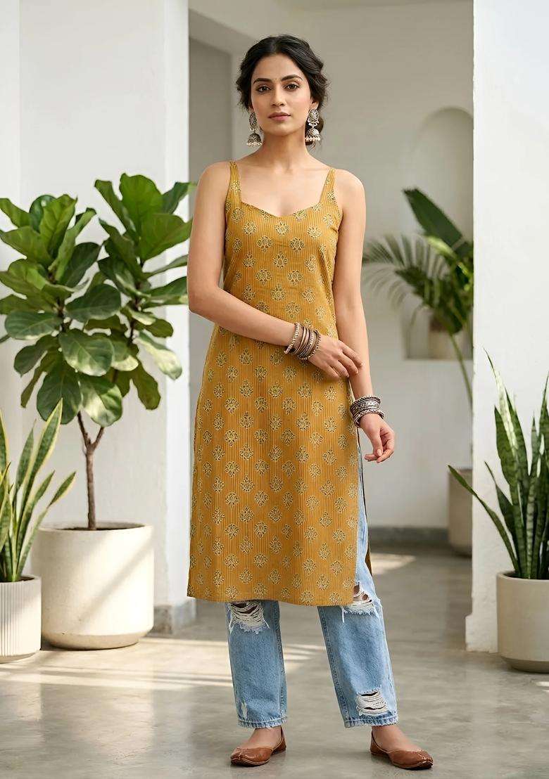 Mustard Printed Cotton Kurta - Indya