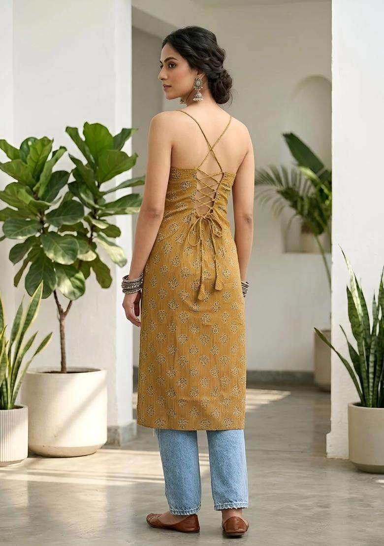 Mustard Printed Cotton Kurta - Indya