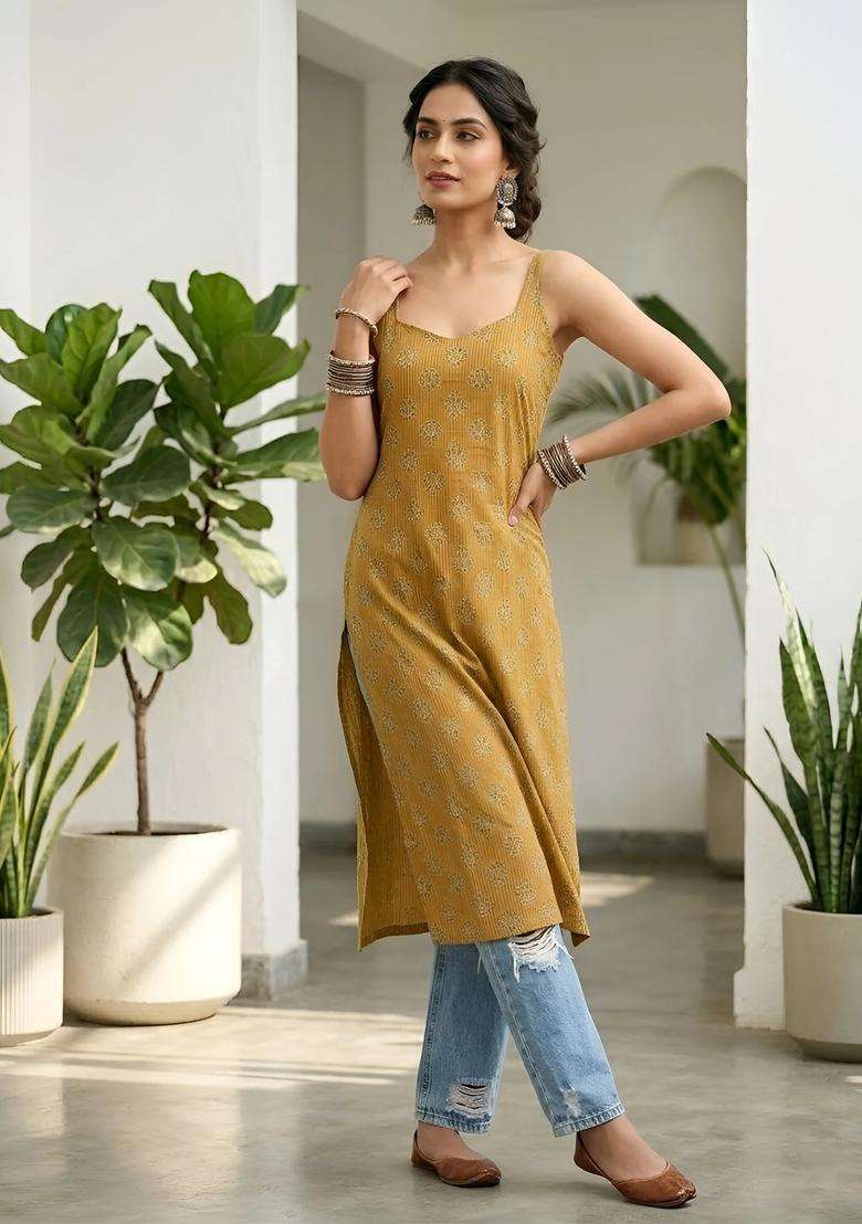 Mustard Printed Cotton Kurta - Indya