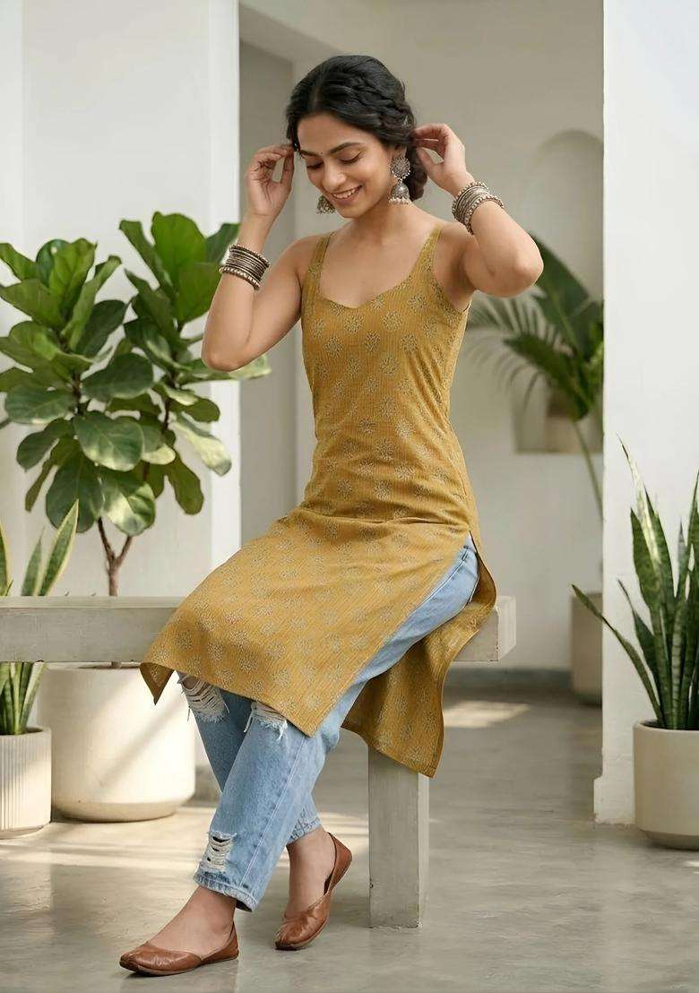 Mustard Printed Cotton Kurta - Indya