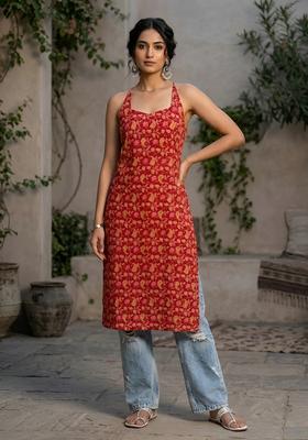 Red Printed Cotton Kurta