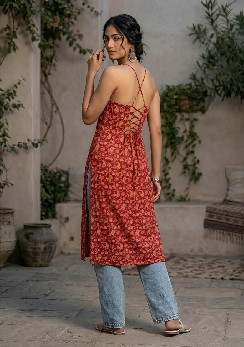 Red Printed Cotton Kurta - Indya