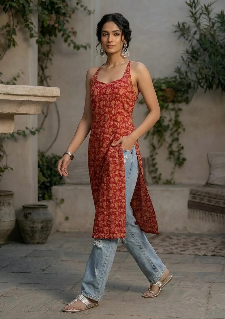 Red Printed Cotton Kurta - Indya