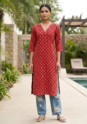 Red Printed Cotton Kurta