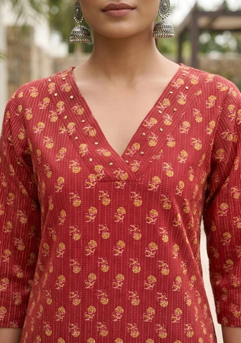 Red Printed Cotton Kurta - Indya