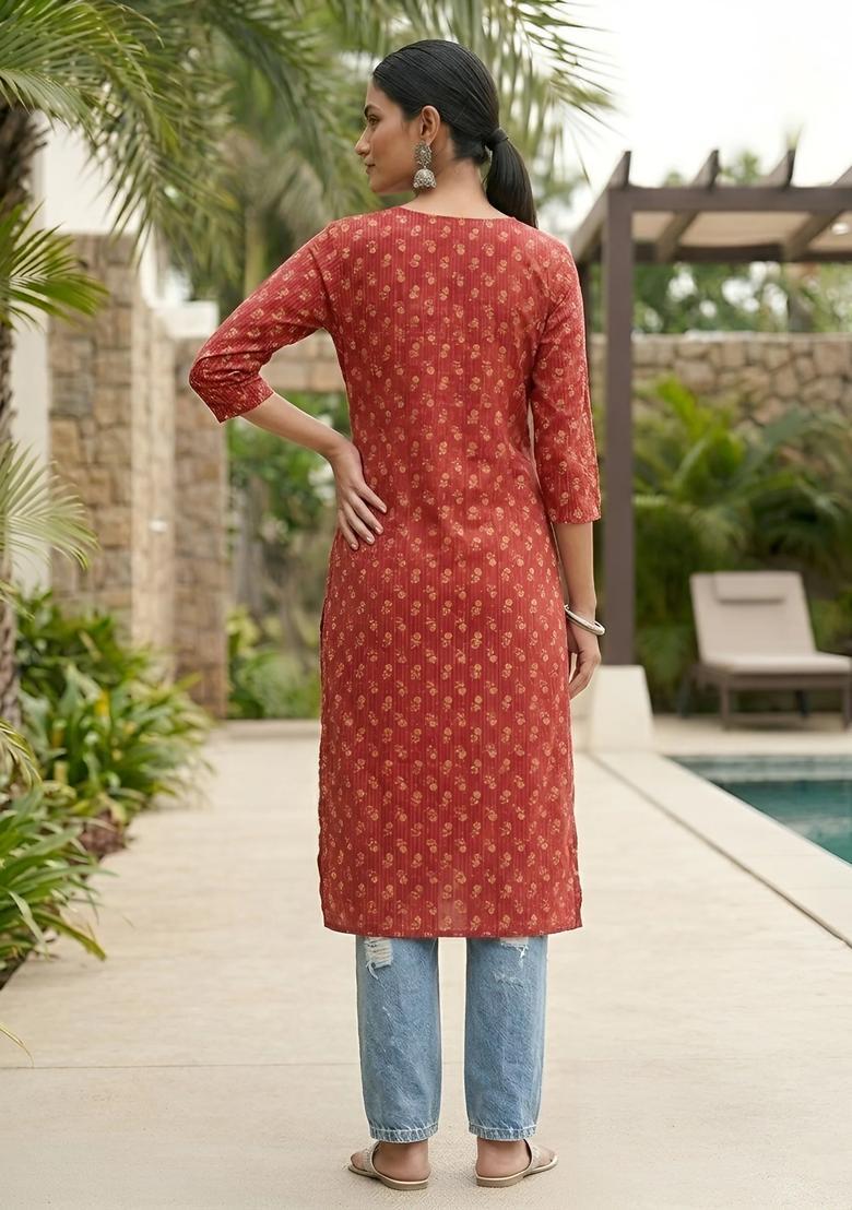 Red Printed Cotton Kurta - Indya