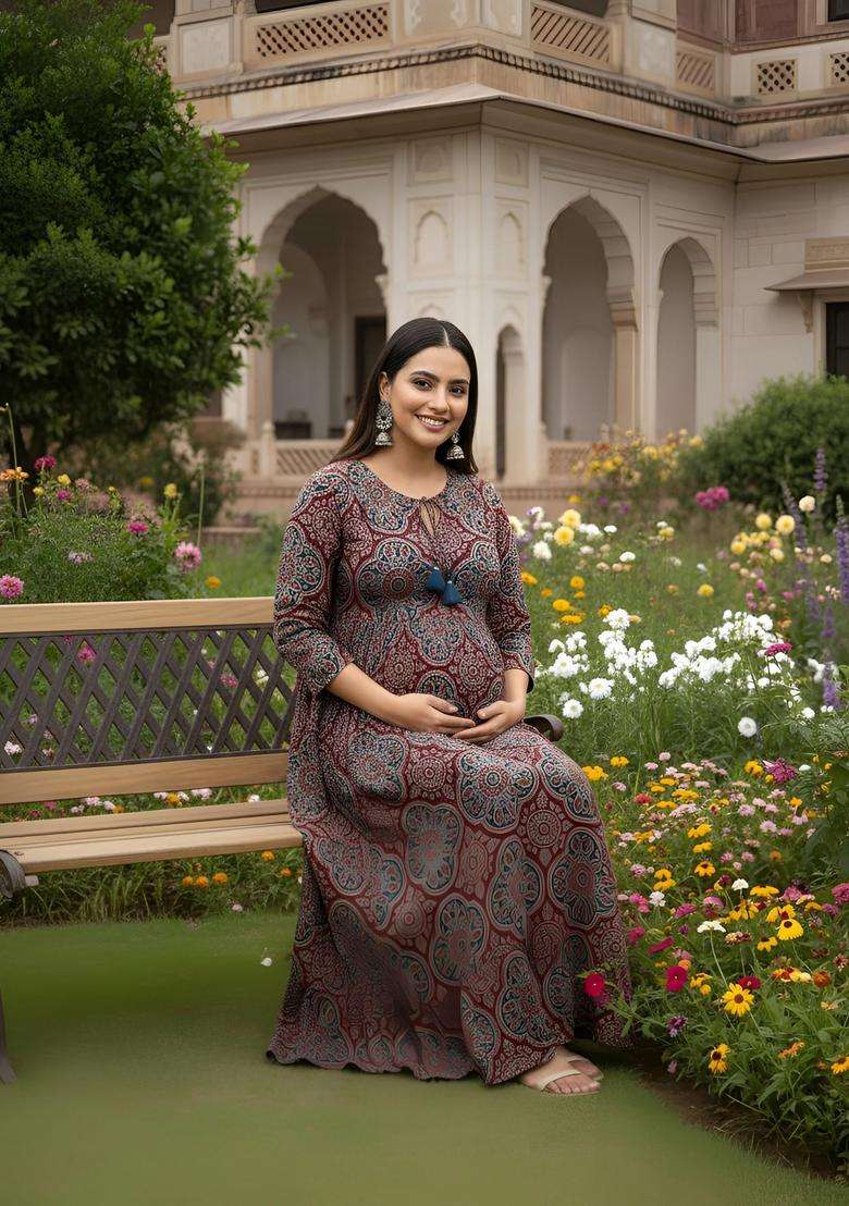 Maroon Printed Cotton Dress - Indya