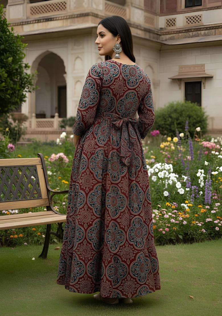 Maroon Printed Cotton Dress - Indya