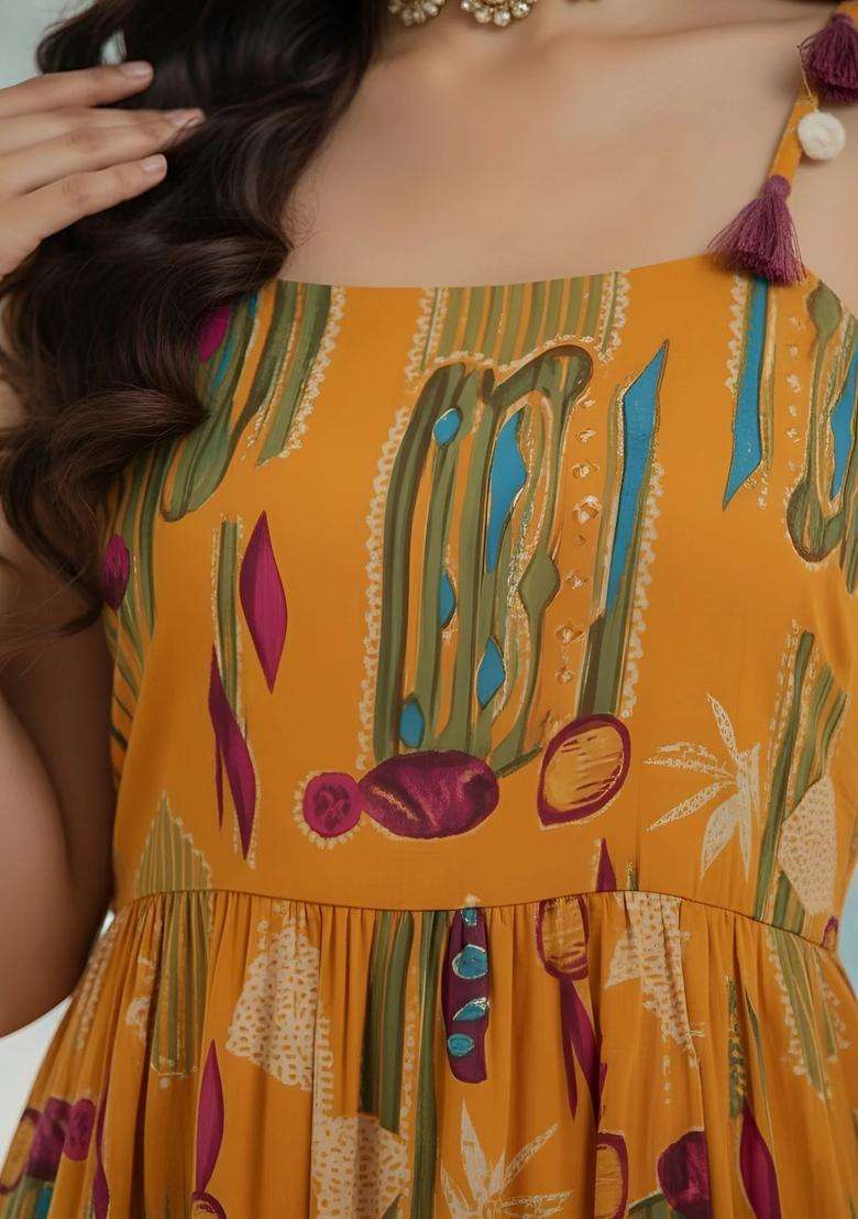 Yellow Printed Viscose Dress - Indya