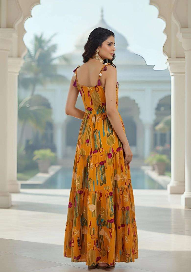 Yellow Printed Viscose Dress - Indya
