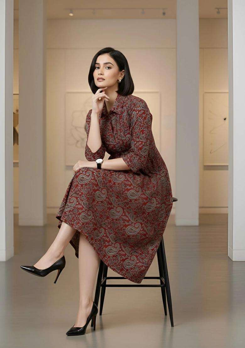 Maroon Printed Cotton Dress - Indya