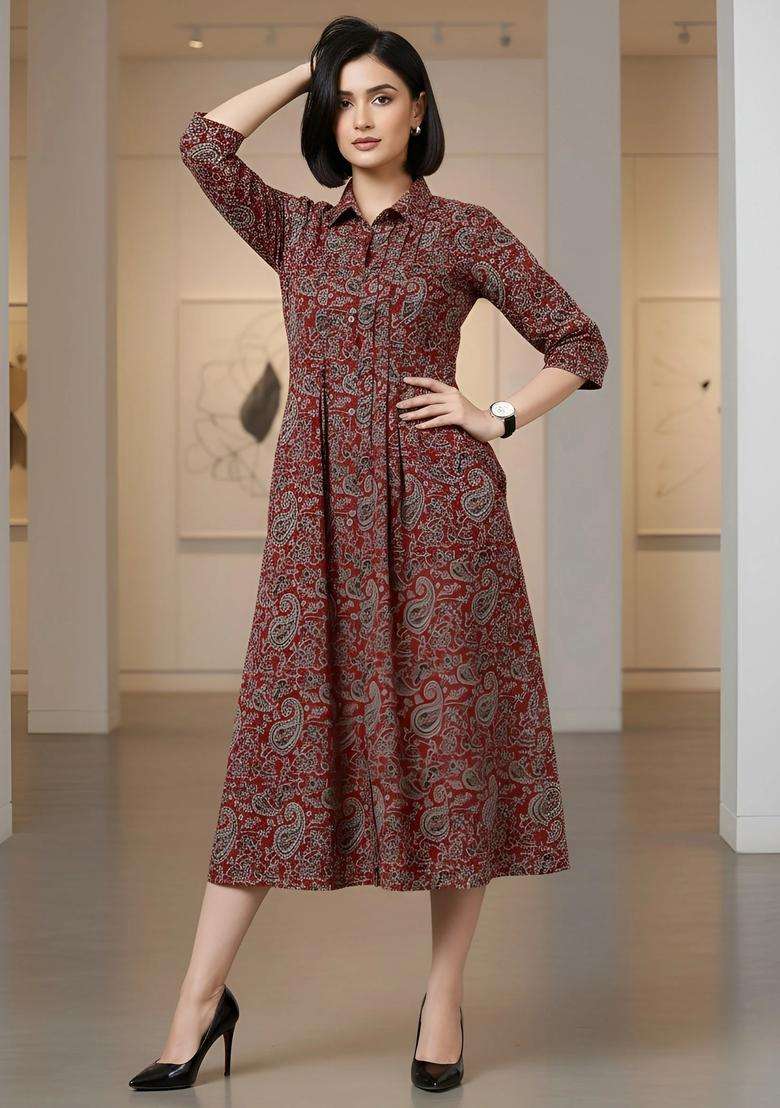 Maroon Printed Cotton Dress - Indya