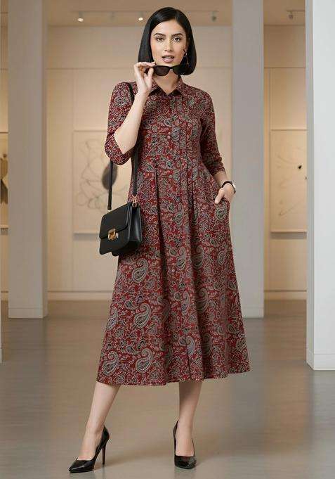 Maroon Printed Cotton Dress