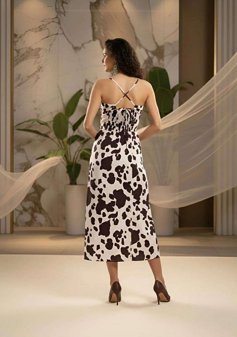 Off White Printed Cotton Dress - Indya