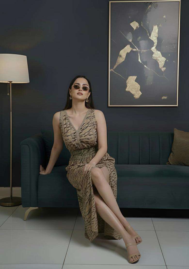 Beige Printed Viscose Dress - Indya