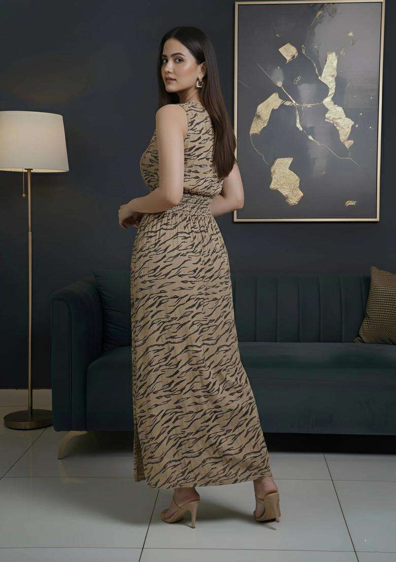 Beige Printed Viscose Dress - Indya