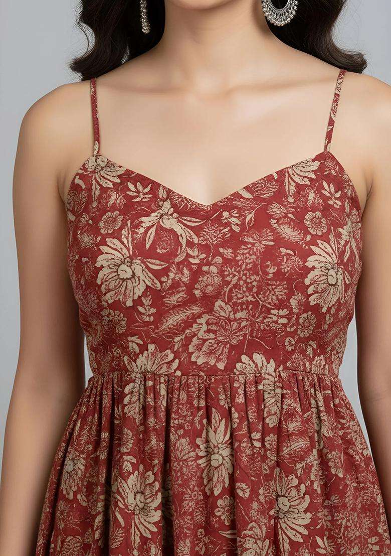 Rust Printed Cotton Dress - Indya
