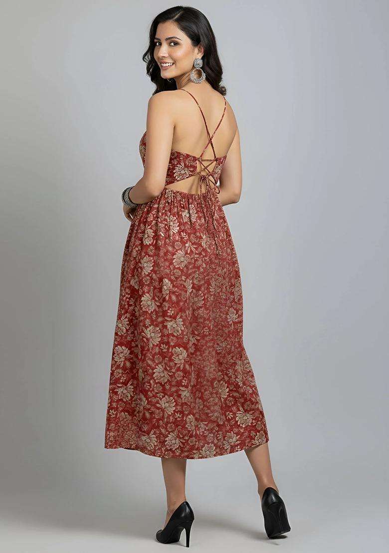 Rust Printed Cotton Dress - Indya