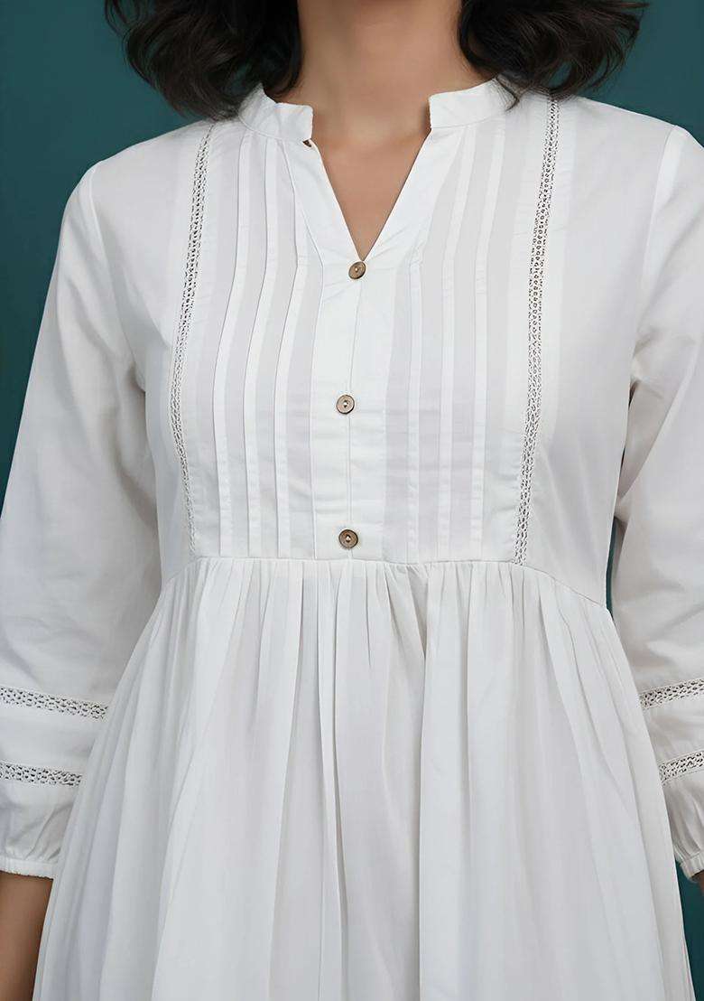 White Printed Cotton Dress - Indya