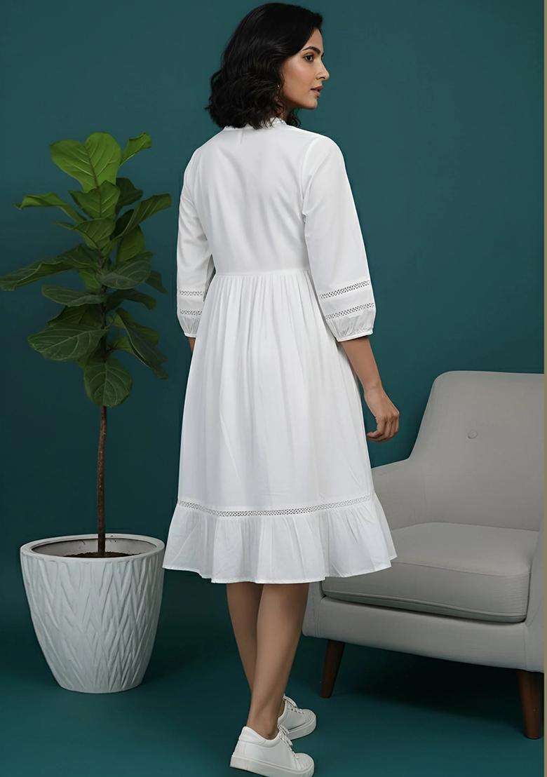 White Printed Cotton Dress - Indya