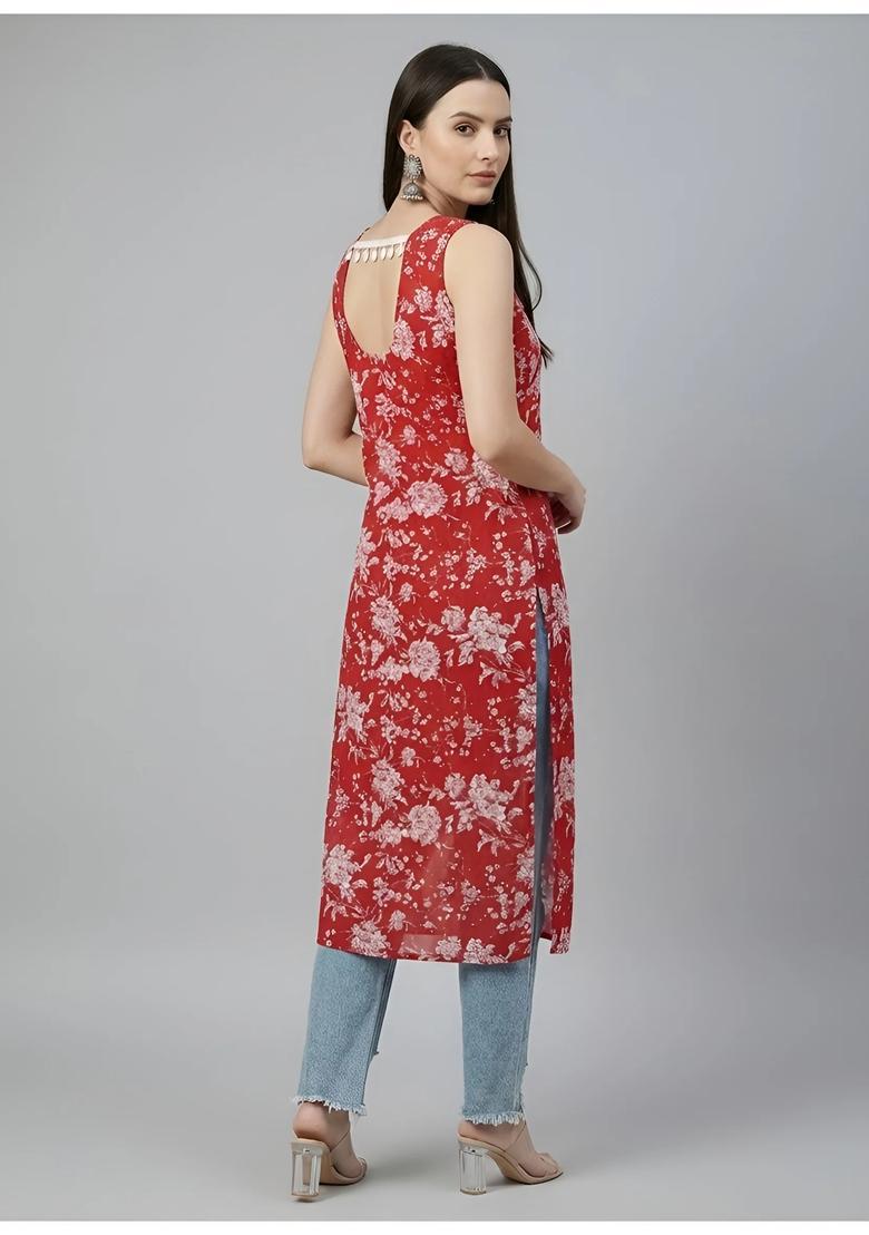 Red Printed Cotton Kurta - Indya
