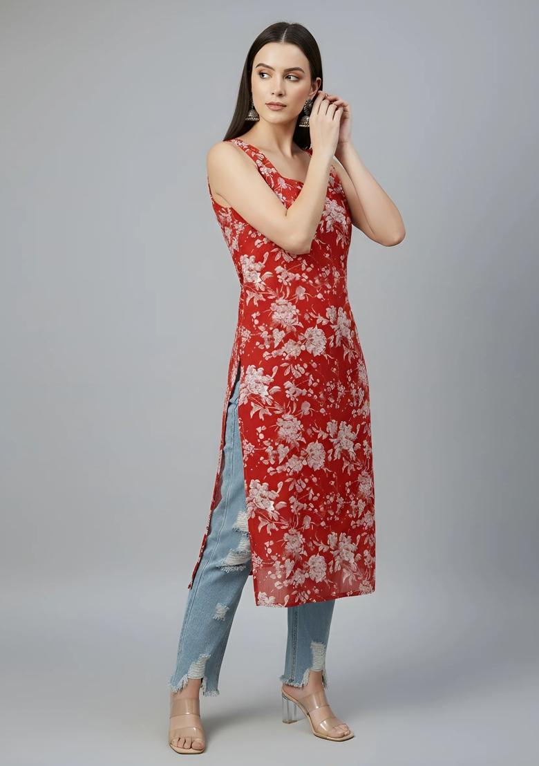 Red Printed Cotton Kurta - Indya