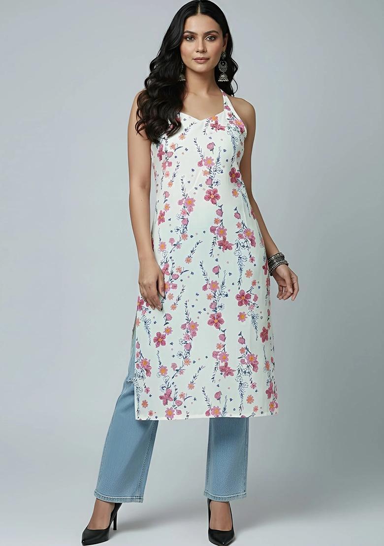 White Printed Cotton Kurta - Indya
