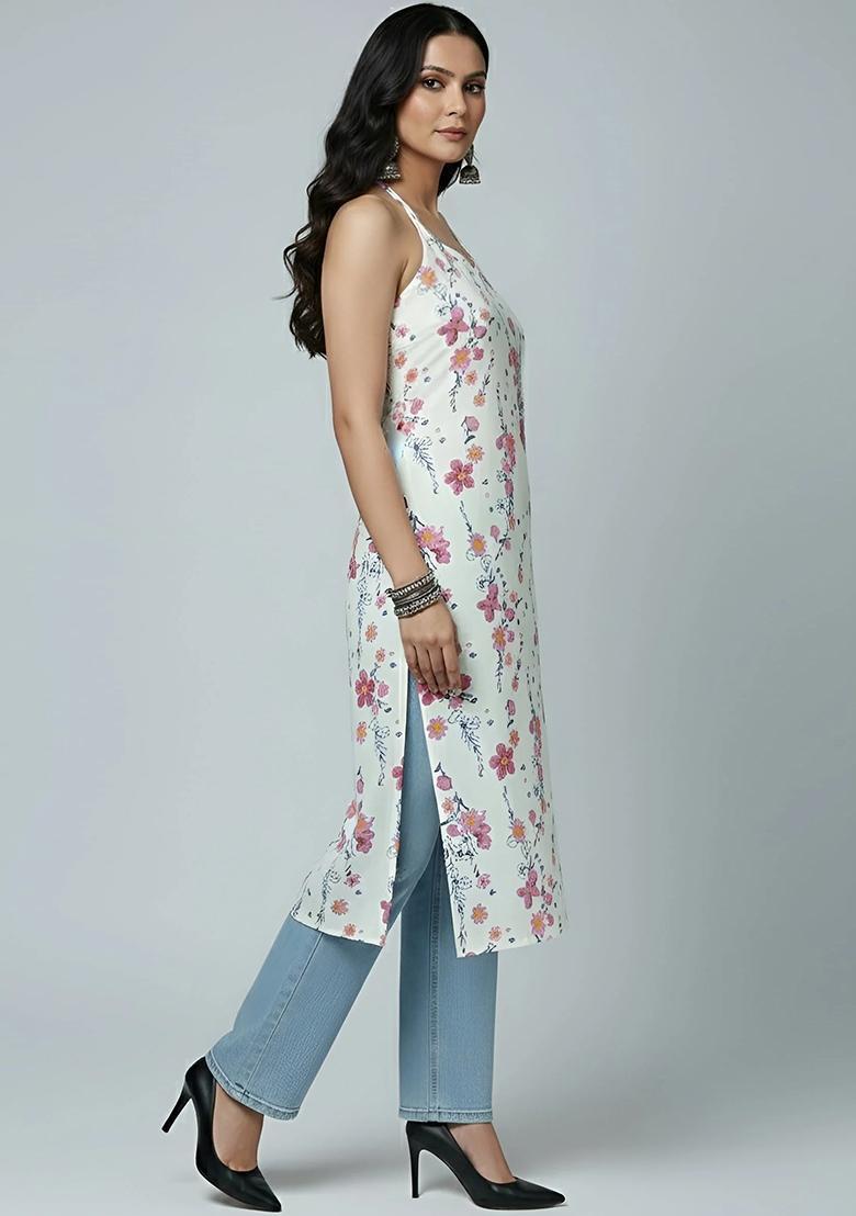 White Printed Cotton Kurta - Indya