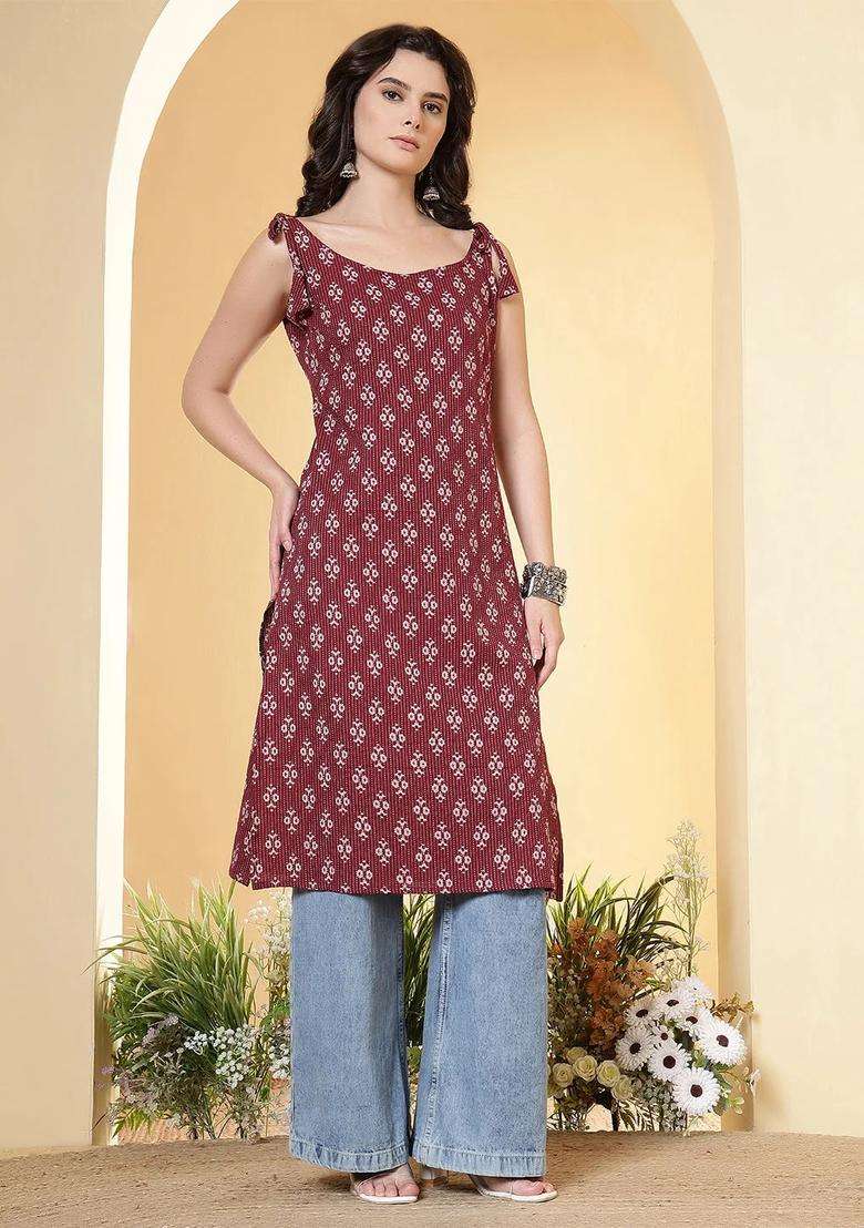 Burgundy Printed Cotton Kurta - Indya