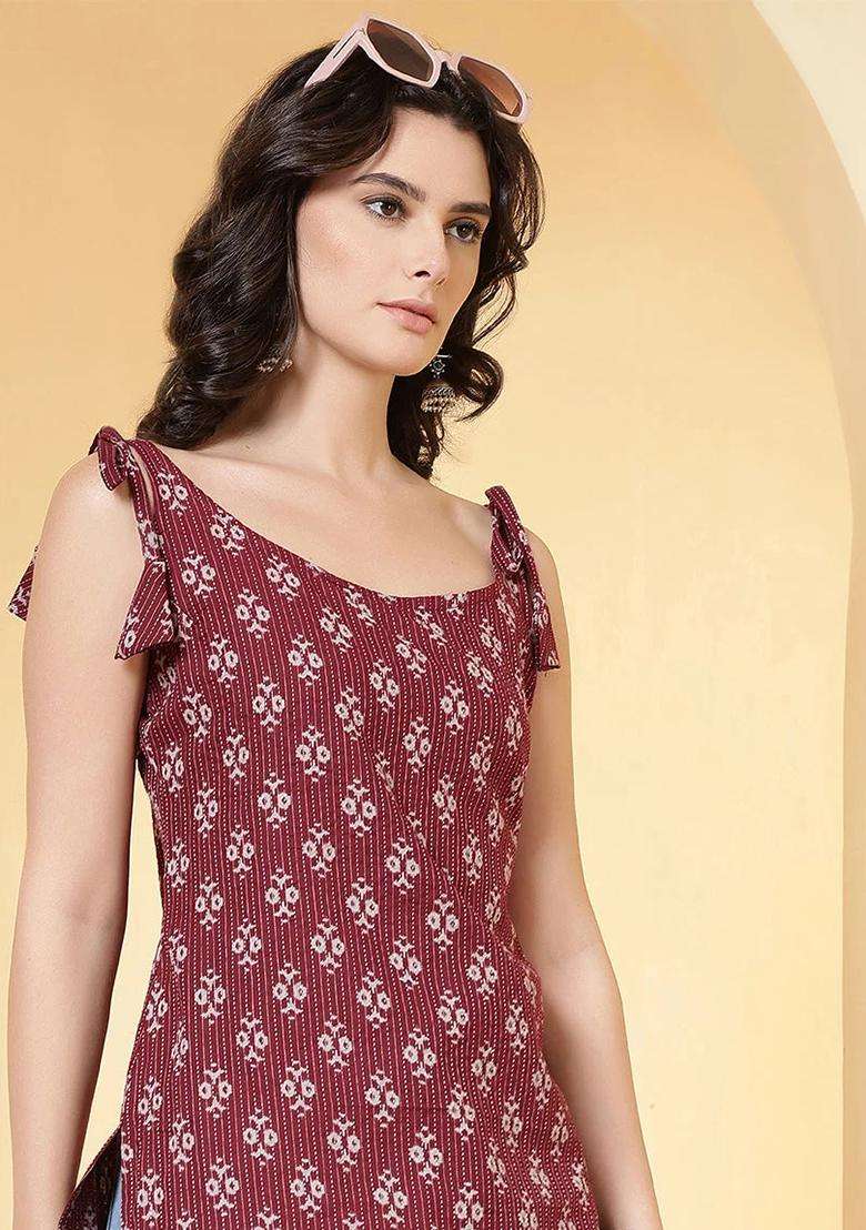 Burgundy Printed Cotton Kurta - Indya